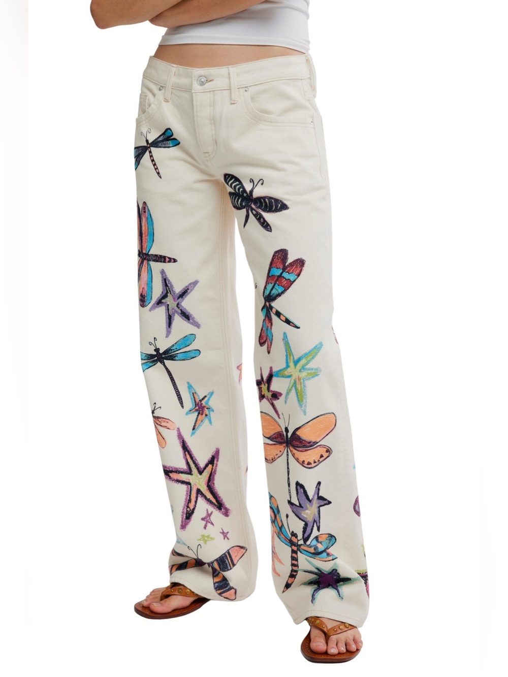 Free People Tennessee Trompe L’Oeil Print Jeans Ivory Size 24 Wide Leg